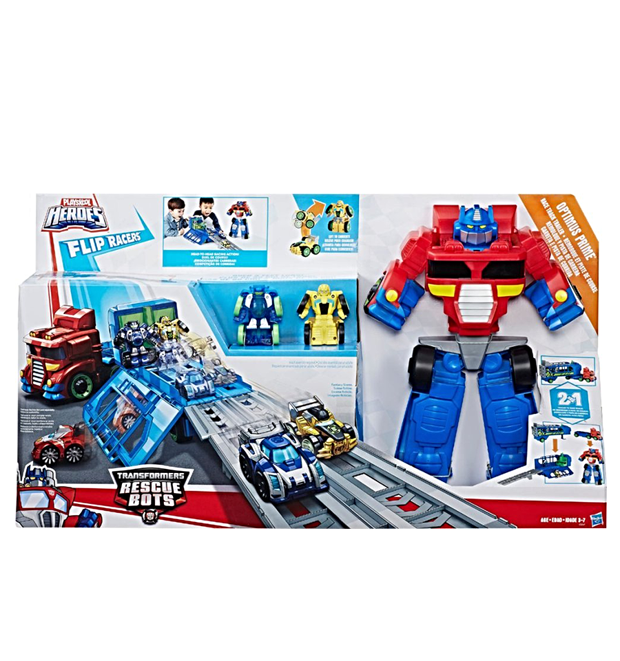 Playskool Heroes Transformers Rescue Bots Flip Racers Optimus Prime Race Track Trailer