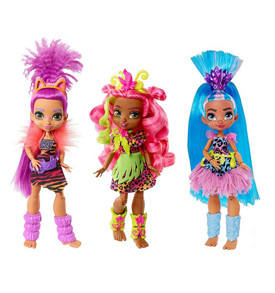 Cave Club Doll 3-Pack, 10-inch Poseable Prehistoric Fashion Dolls with Neon Hair