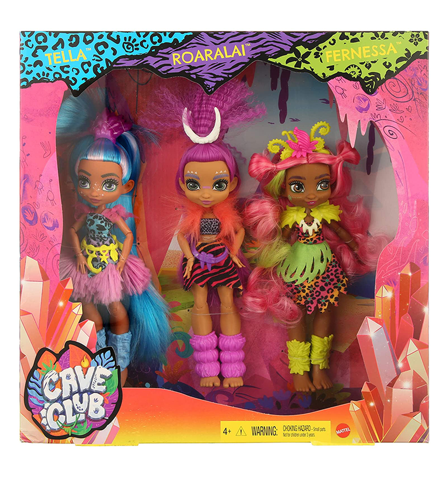 Cave Club Doll 3-Pack, 10-inch Poseable Prehistoric Fashion Dolls with Neon Hair