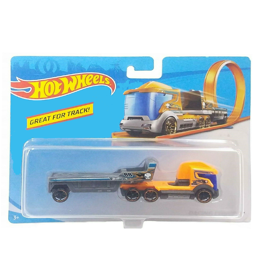 Hot Wheels Orange, Grey, Blue with Skull Racing Convoy Semi w/ Trailer