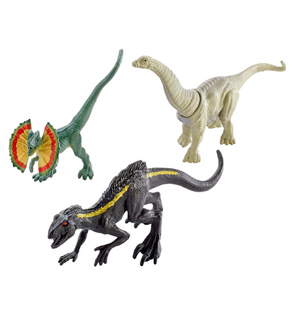 Jurassic World Mini Dino Apatosaurus, Dilophosaurus, Metallic Indoraptor Figures