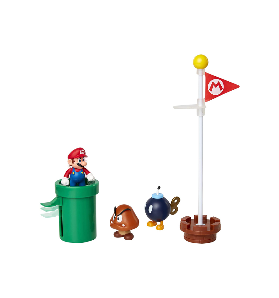 World of Nintendo Mario and Peach Exclusive 2-PackSuper Mario Acorn Plains 2.5" Diorama Bob-Omb, Mario & Goomba