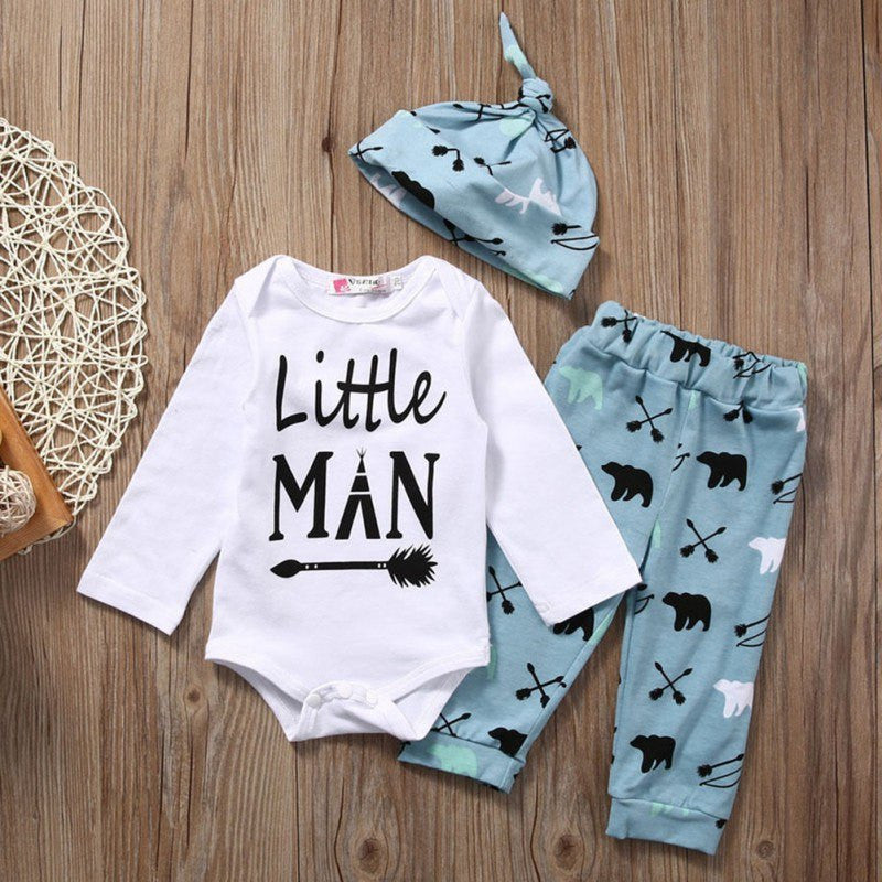 Newborn Cute Infant Baby Boy Girl Romper Tops+Pants+Hat 3PCS Outfits Set Clothes